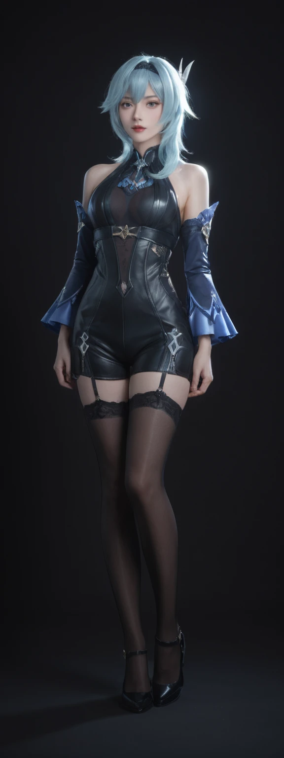 cinematic film, Realistic photograph,realistic, score_9, score_8_up, score_7_up, score_6_up,
 1girl, solo, from front, full body, Eula  \(genshin impact\), black background, makeup, sidelighting, backlighting, glowing, 