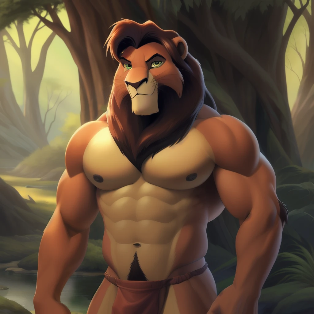 (masterpiece, best quality, hi res, extreme detail, detailed background:1.4), kovu_(the_lion_king), lion, male, forest background, looking at viewer, standing, muscular male, loincloth, sexy, green eyes, close-up