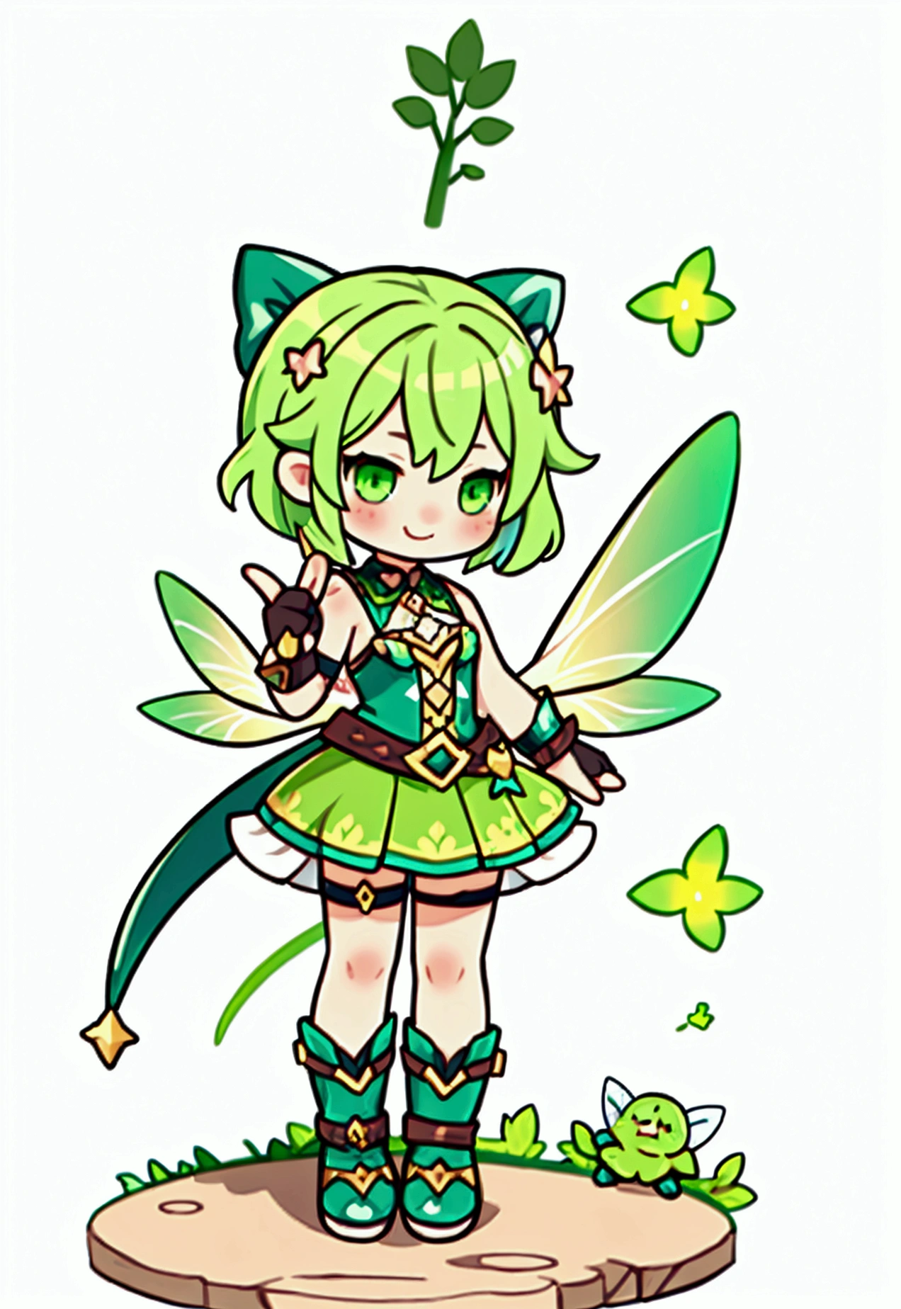 fairy girl, shady, green fairy, smol, cute, kawaii, The word yes, smirking, cocky, emote, character portrait, victory pose