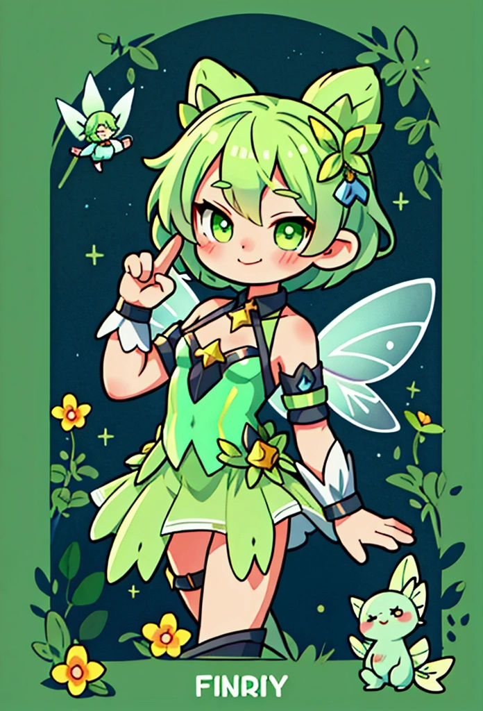 fairy girl, shady, green fairy, smol, cute, kawaii, The word yes, smirking, cocky, emote, character portrait, victory pose