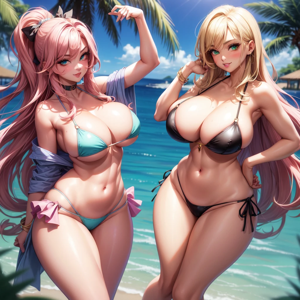 ((2 girls), solo, clevage, Big round breasts, trendy, stylish, clevage, thighs, hips, realistic, pink hair, blonde hair, light green eyes, lip gloss, detailed face, amazing big eyes, eye details, big lips, eyebrow details, blush, smirk, naughty, mischevious face, HD, good quality, thick thighs, attractive, bikini, relaxing, cocktails 
