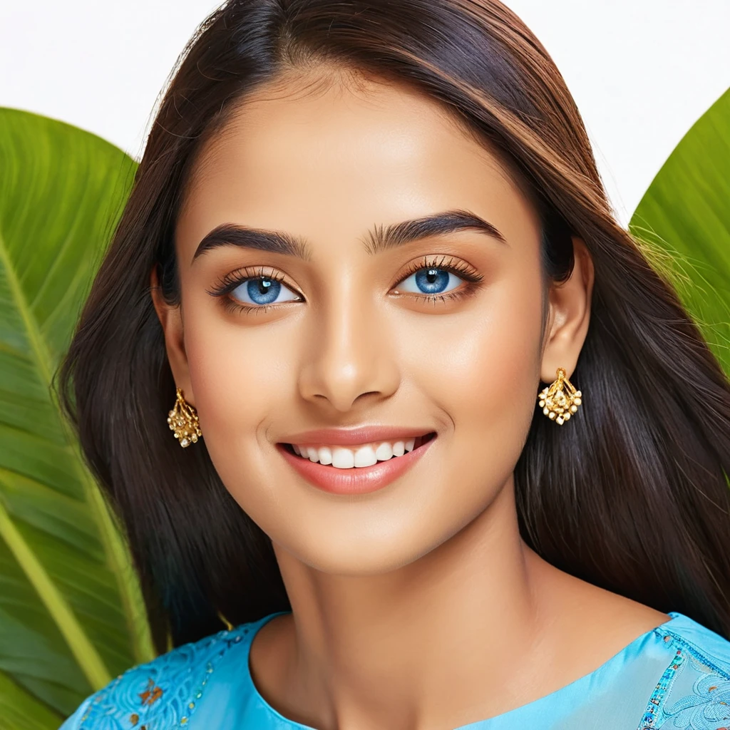 Prachi Rawat, an 18-year-old with an oval face that exudes balance and symmetry. Her large, almond-shaped blue eyes are captivating, reflecting her expressive nature. Natural arch eyebrows of medium thickness frame her face, extending just beyond her eyes' corners. Prachi's button nose is small and rounded, with a soft, defined tip and a smooth, gently sloping bridge that blends seamlessly into her face. Her full, well-defined lips boast a natural rosy hue and a prominent Cupid's bow, enhancing her smile's symmetry and overall allure. High cheekbones add a sculpted elegance to her features, gracefully angular and catching light effortlessly. A gracefully sculpted jawline with a subtle angularity complements her soft, rounded chin, emphasizing her facial symmetry and youthful appearance. Her smooth, moderately high forehead frames her face with a natural hairline, while medium-sized ears with defined contours sit symmetrically, contributing to her balanced and attractive appearance. Prachi's golden-wheatish skin tone glows with health, its smooth and clear texture enhancing her natural radiance.