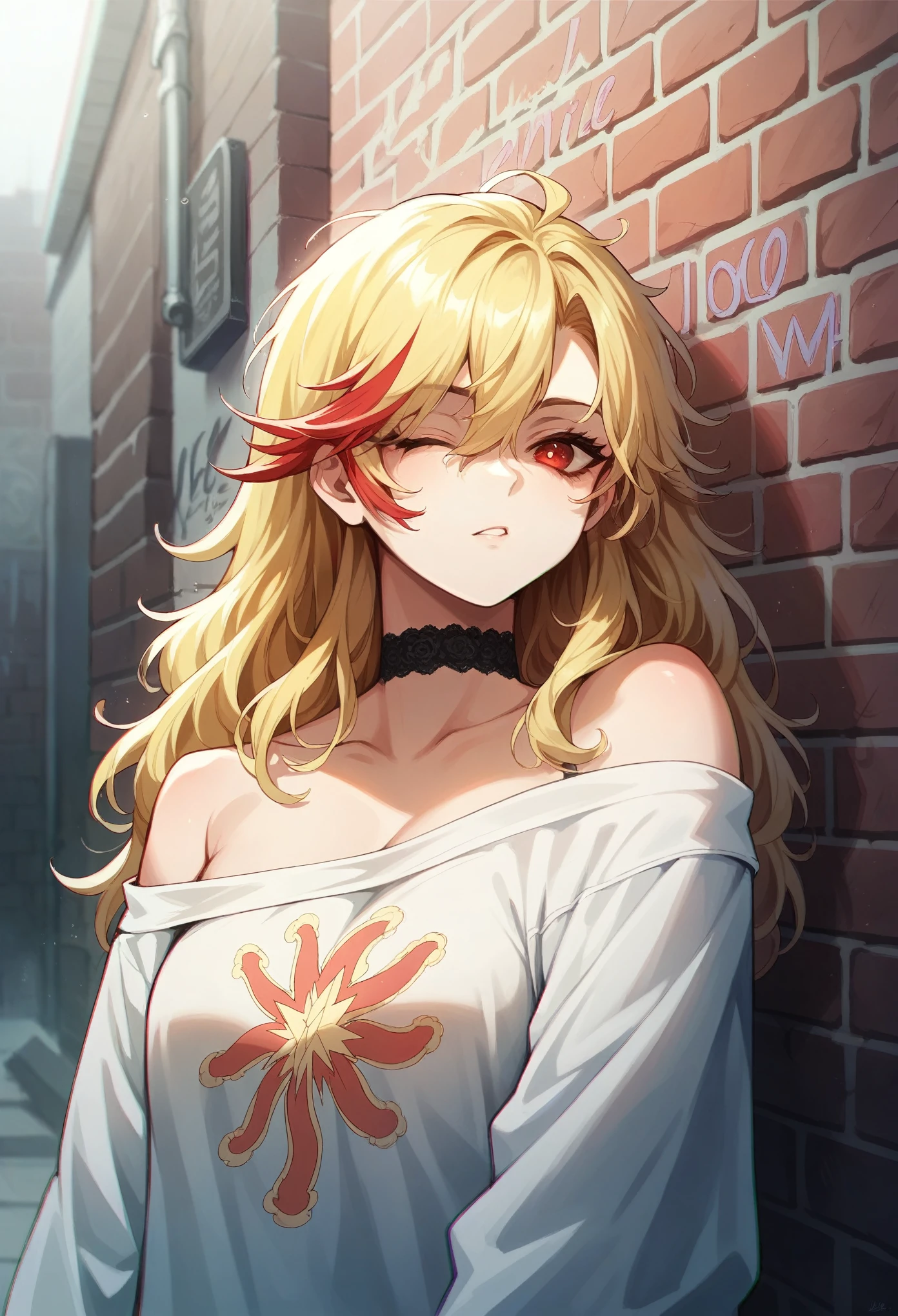 Ultra-realistic 8K CG, masterpiece, ((Highly detailed background, Delicate pattern, Intricate details)), highest quality, Intricate detailss, chromatic aberration, One girl, Long Hair, Blonde, Messy Hair, Red highlights, Hair on one eye, Sharp eyes, choker, Brick wall, graffiti, Dim lighting, alley, Oversized shirt,Off the shoulder, Sheer white shirt, masterpiece, highest quality