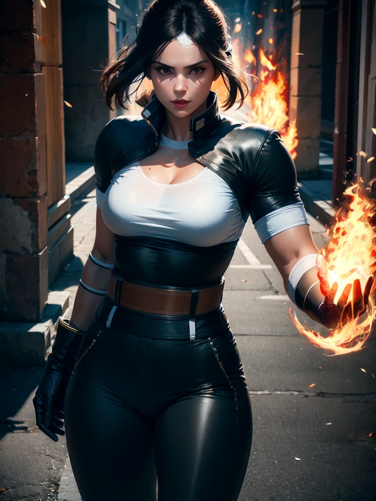 30-year-old woman, alone, alone, athletic, dark hair, white band on her forehead, white top, open black jacket, black pants, thin brown belt, wears black exercise gloves that cover almost her entire forearm, serious look looking at viewer, fire coming out of his hand, cinematic, ultra sharp focus, award winning photography, perfect contrast, high sharpness, depth of field, ultra detailed photography, global illumination, fluid, ultra high definition, 8k, Unreal Engine 5, ultra sharp focus , award-winning photography, art season trends,
