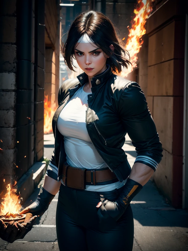 30-year-old woman, alone, alone, athletic, dark hair, white band on her forehead, white top, open black jacket, black pants, thin brown belt, wears black exercise gloves that cover almost her entire forearm, serious look looking at viewer, fire coming out of his hand, cinematic, ultra sharp focus, award winning photography, perfect contrast, high sharpness, depth of field, ultra detailed photography, global illumination, fluid, ultra high definition, 8k, Unreal Engine 5, ultra sharp focus , award-winning photography, art season trends,