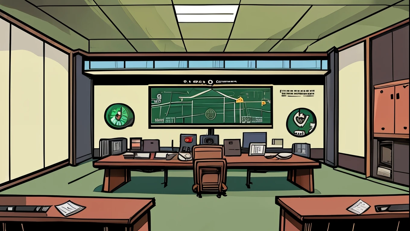Cartoon style, military command center room in 1950