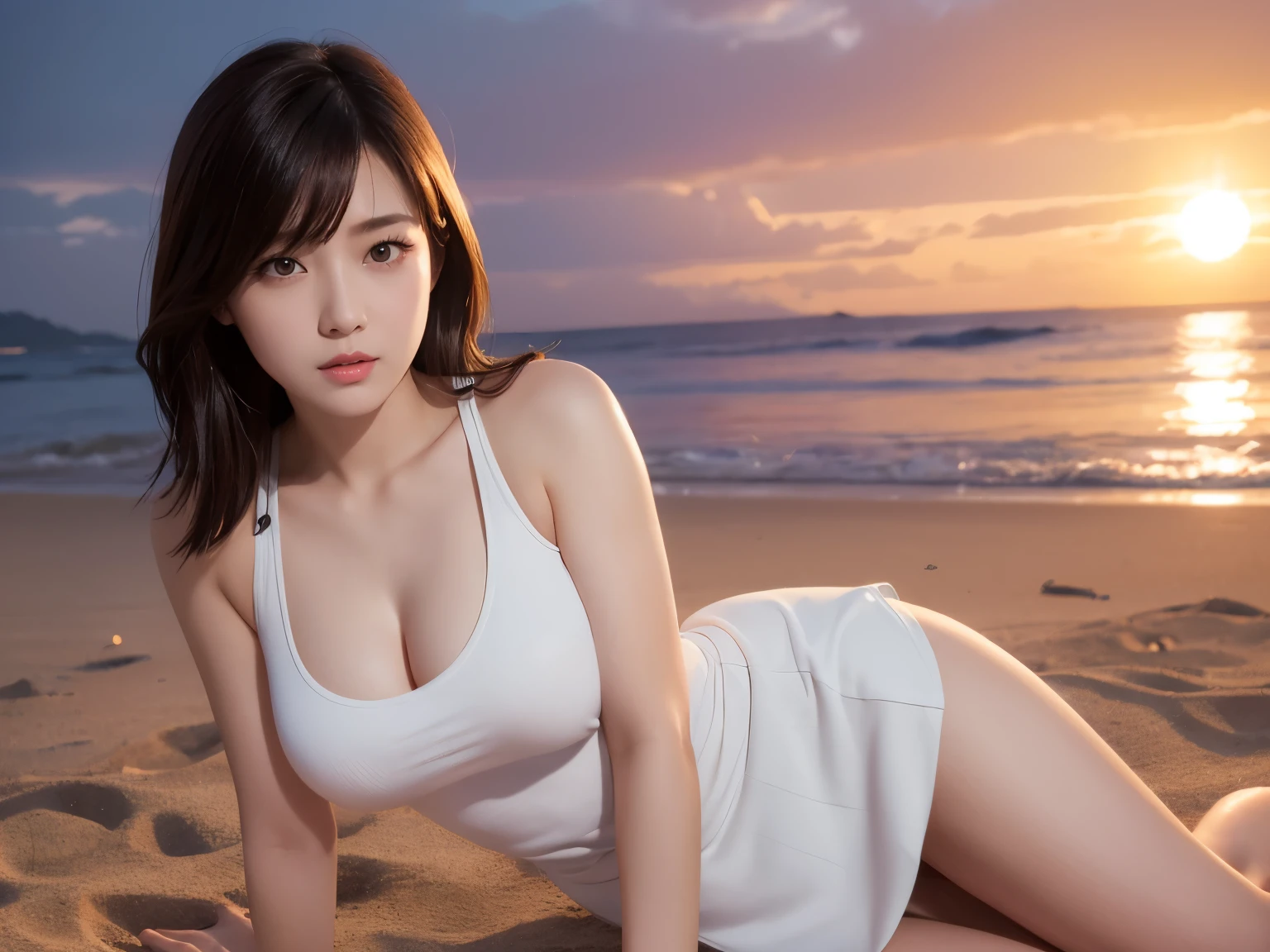 Photorealistic、Masseter region、Highest quality、High resolution、RAW Photos、Genuine、Bright lighting、Face Light、Smooth Professional Lighting、Japanese women、Beautiful Face、Just the right breasts、looking at the camera、Medium Hair 1:3、White tank top、Red skirt 1:2. The background is a sunset beach at night