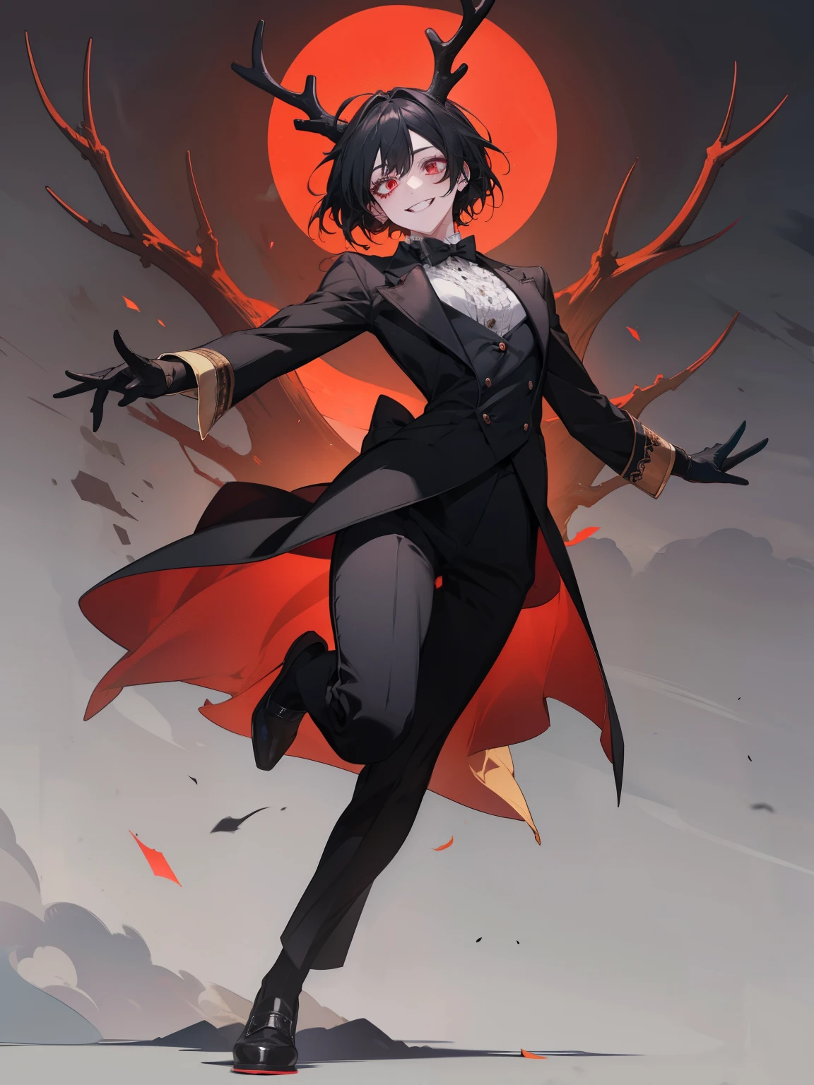 anime girl in a butler outfit, short black hair, red crimson eyes, grin, smile, fangs, long antlers, full body shot, gloves, anime, Gothic art, high details, high quality, 4K, HD, masterpiece, anatomically correct