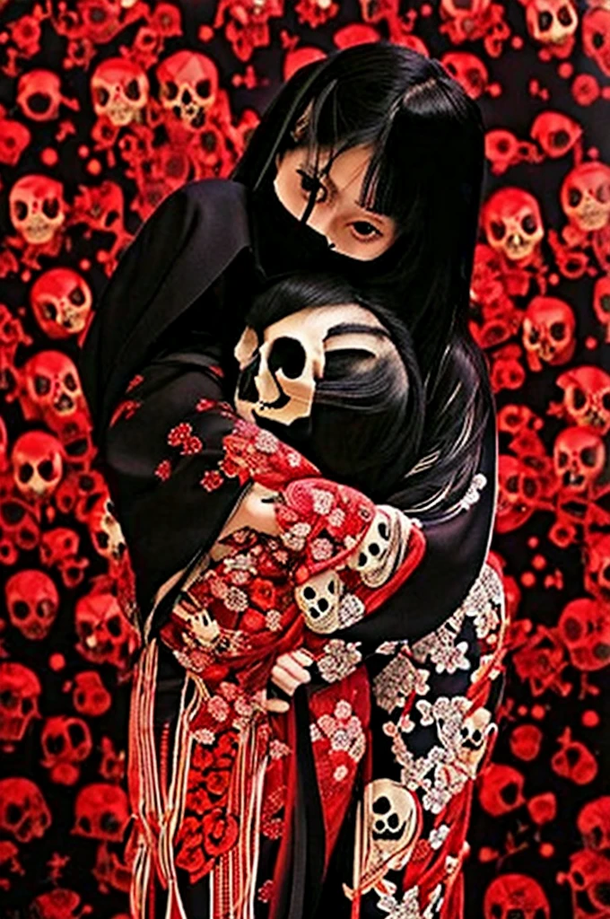 Realistic photos、Dark night fog、Dark night fog、Dark night fog、Highest quality,A beautiful Japanese girl in a very elaborate red kimono、((((Hugging the skull、Skeleton hugging)))),spread your legs and show your vagina、(((((Red background))))