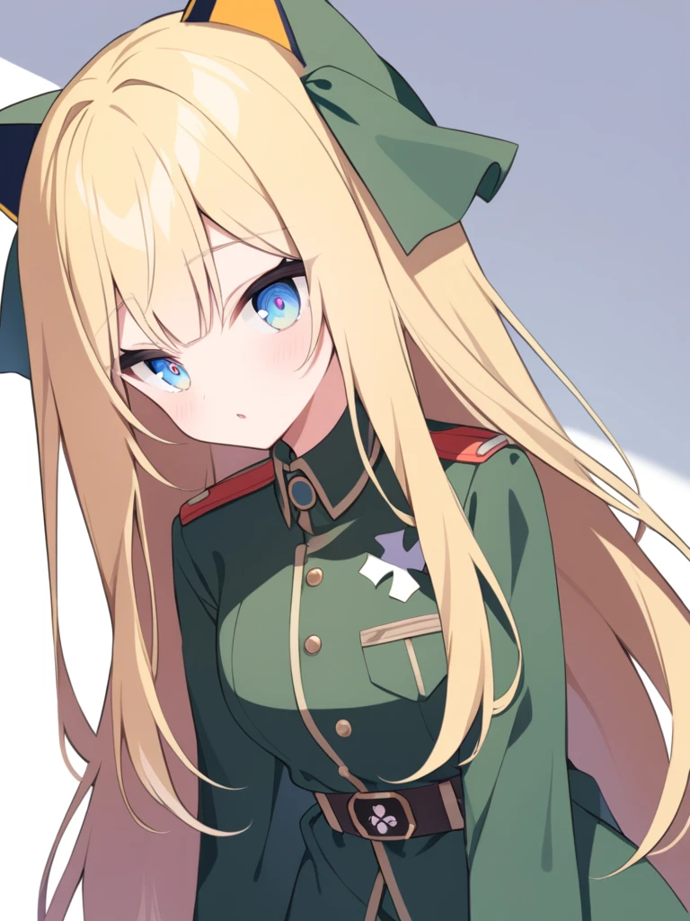 A Cat girl + meduim long hair +blond hair +blue sahded eyes + green military uniform + medic symbol