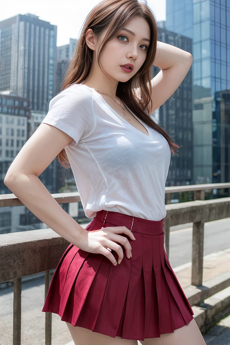 Claire Redfield from Resident Evil, posing seductively to viewer, solo:1, pov, beautiful thighs, front view
Sunny city background, long hair, 3/4 body, v neck shirt and mini pleated skirt