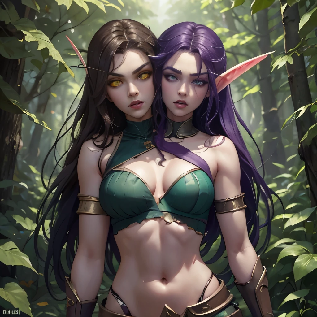 (Masterpiece, highly detailed, highly quality, highly resolutions), body facing viewer, conjoined_dicephalus, two heads, BREAK bldelf, angry, clenched teeth, glowing eyes, yellow eyes, Blonde hair, colored sclera, mature female, red short shirt, navel, red shoulder pad, gold trim, yellow leaves, jewelry, looking at viewer, forest, day, bare shoulders, Fall season