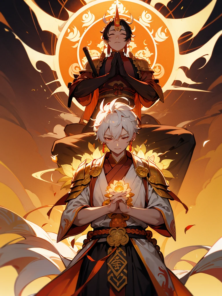 Dragon God Kannon Bodhisattva,Burning eyes, Horn, White shorthair, Black Armor, torii, male, Actor Shaka, Praying with hands together, Zen meditation, golden lion statue, fusion of spirituality, lotus flower field, paradise, fusion of god and Buddha