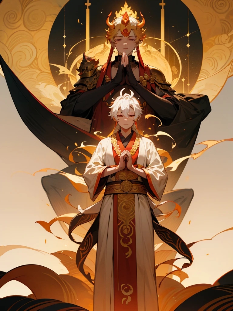 Dragon God Kannon Bodhisattva,Burning eyes, Horn, White shorthair, Black Armor, torii, male, Actor Shaka, Praying with hands together, Zen meditation, golden lion statue, fusion of spirituality, lotus flower field, paradise, fusion of god and Buddha