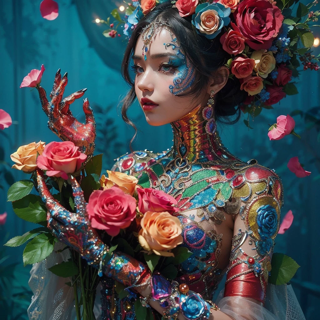 araffed woman in an elaborate dress holding a bouquet of Roses, in the style of cyberpunk, vibrant color compositions, body art, glittery, figura serpentinata, cinestill 50d, full body --ar 21:32 --s 750 --niji 5 --style cute