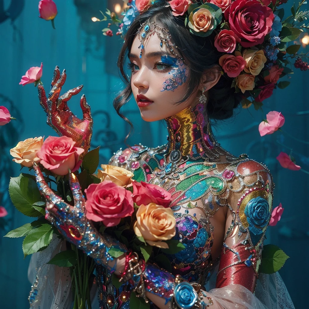 araffed woman in an elaborate dress holding a bouquet of Roses, in the style of cyberpunk, vibrant color compositions, body art, glittery, figura serpentinata, cinestill 50d, full body --ar 21:32 --s 750 --niji 5 --style cute