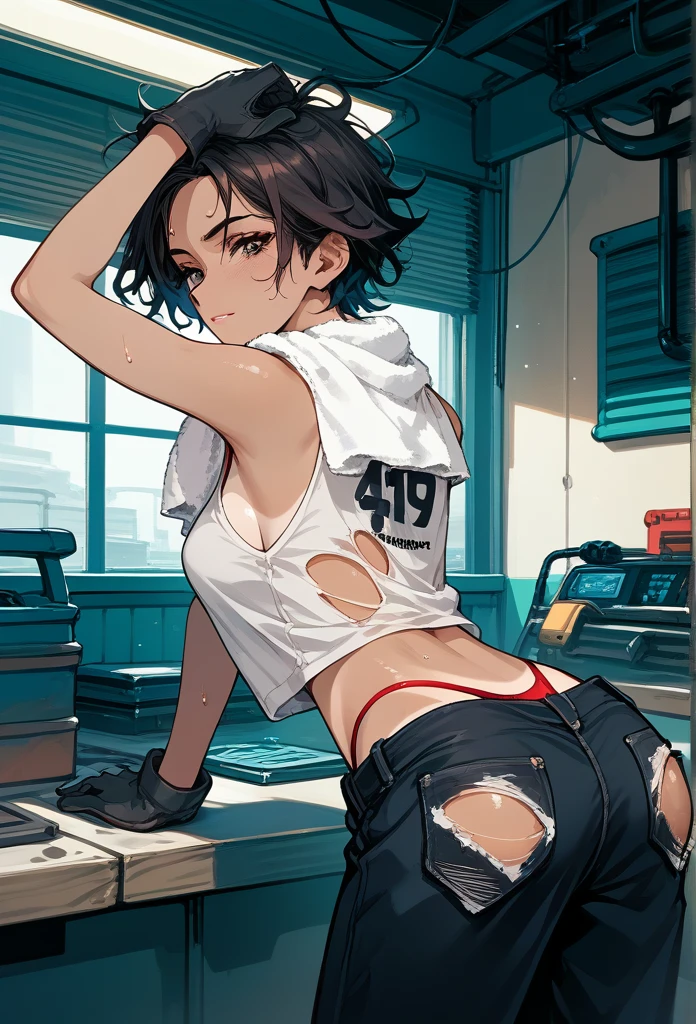 masterpiece, best quality, mature woman, messy hair, black hair, brunette gradient hair color, hot face, (tomboy face), tan skin, mature body, fit body, medium breasts, mechanic gloves, (dirty tank top), stained tank top, midriff, white bandana, mechanic pants, loose pants, workshop, (sweaty), bending over, towel around neck, back view, thong lines, ripped pants