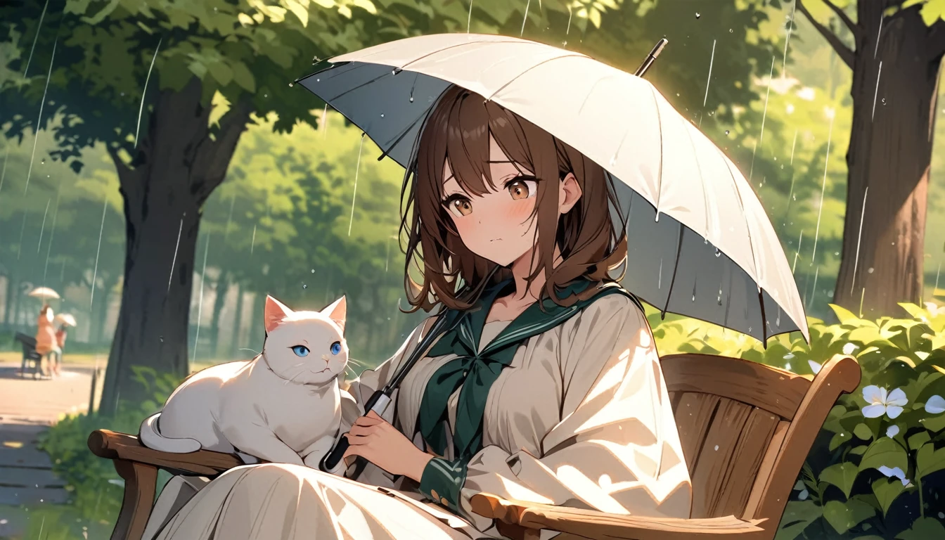 Beautiful and cute,single,long brown hair,Eyes sparkling, beautiful, outstanding,Make a depressed face,Sitting on a wooden chair in the park,There was a fat white cat lying on his lap.,Open an umbrella and the atmosphere is raining a little.