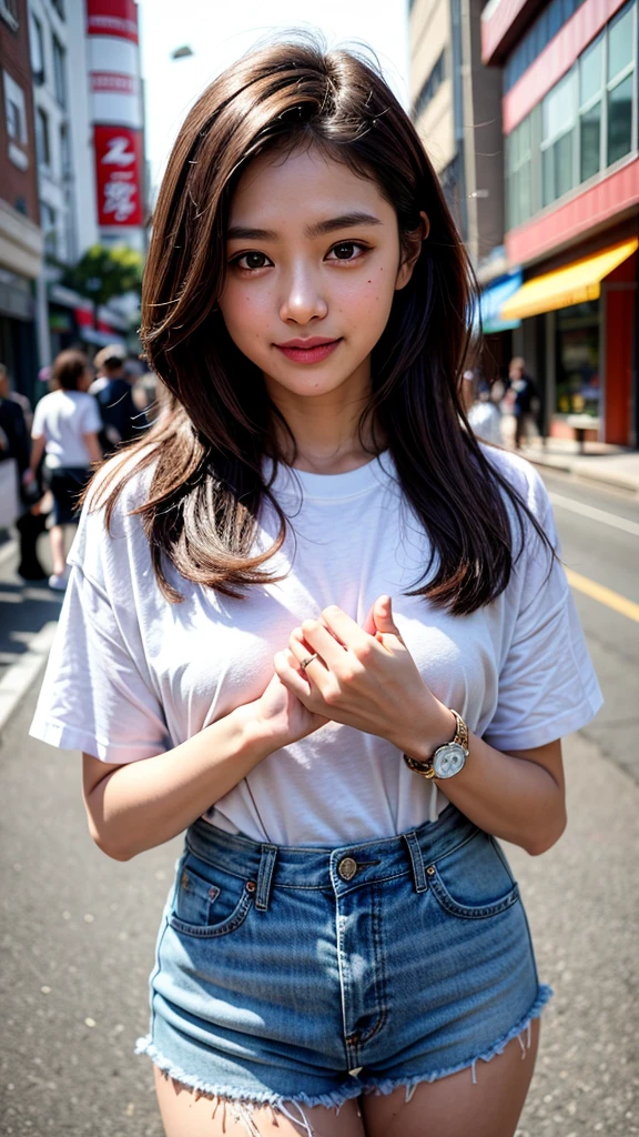 high quality,master piece,by famous artist,high resolution,lens flare,a girl, one girl,solo focus,alone,4K,8k,raw photo,perfect anatomy,short brown hair,watch,big eyes,Japanese women,Age 27,healthy,maternal,positive,bright,kind,Young Woman Fashion,Trending Fashion,Casual Fashion、Beautiful Skin,Fair skin,最high quality,4K,8k,masterpiece,Young and beautiful,Charm,ccup bust、An innocent smile、smile、teeth、A little embarrassed expression、walking、one girl、In town、one girl、Accurate hands、Accurate legs、Detailed hands and fingers、Anatomically correct body、one girl,very nice lady,one girl