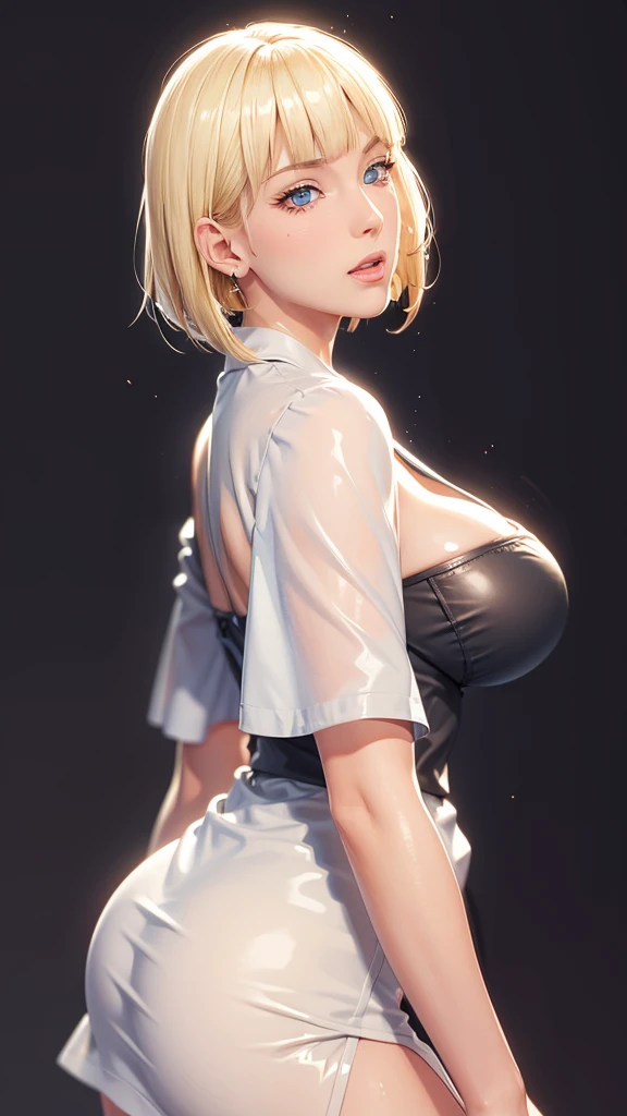 (（（Perfect body,White and tender skin,（（（BLACK KIMONO, CLEAVAGE, VAMBRACES,）））,（（（Samui, Blue eyes, blonde hair, short hair, bangs, blunt bangs,）））,((masterpiece)),high resolution, ((Best quality at best)),masterpiece,quality,Best quality,（（（ Exquisite facial features,Looking at the audience,There is light in the eyes,blush,Happy,lol）））,Look up at the sky，From the back）））,（（（Light and shadow,Huge breasts，Plump buttocks）））,（（（Looking at the camera,black background,)））),