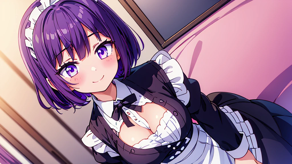 1girls, short purple hair, purple eyes, wearing maid uniform ,  black and white maid uniform , smiling ,  , portrait , slightly blushing , high res, ultrasharp, 8K, masterpiece, looking at viewer