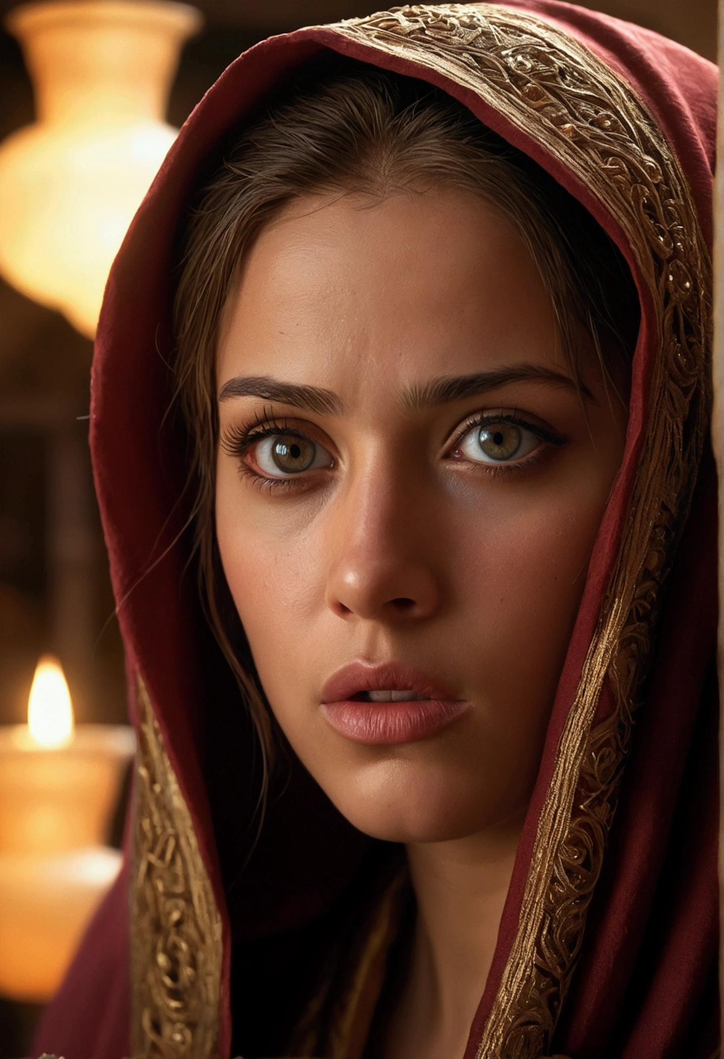 a detailed portrait of Rahab of Jericho hiding the spies in her house,1girl,beautiful detailed eyes,beautiful detailed lips,extremely detailed face,longeyelashes,robe,shawl,worried expression,high quality,realistic,photorealistic,4k,ultra-detailed,masterpiece,cinematic lighting,dramatic atmosphere,warm color tones,intricate textures,renaissance style
