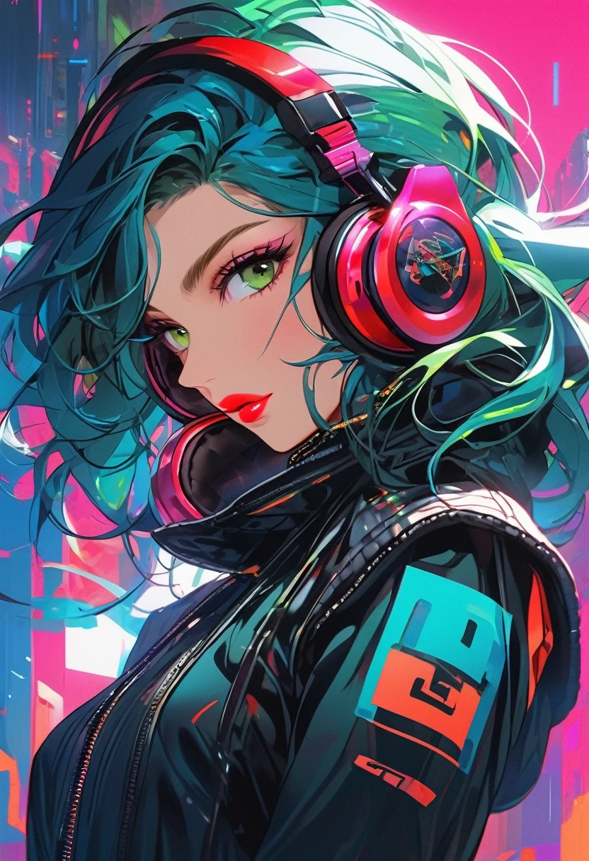 A young and very sexy and beautiful adult woman with large green eyes, long Blue hair and heavily inspired in cyberpunk art. Impeccably make up with red lipstick, dark eyeshadow accentuating her bright eyes. She's dressed in an racing automobilist suit. Sporting large, colorful headphones, she giving a side look tô the camera. The background is just a black canvas. Remove backgroung