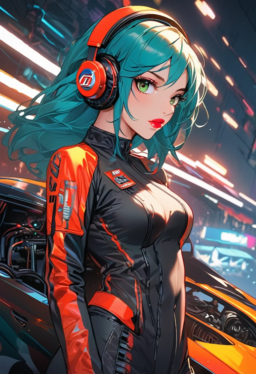 A young and very sexy and beautiful adult woman with large green eyes, long Blue hair and heavily inspired in cyberpunk art. Impeccably make up with red lipstick, dark eyeshadow accentuating her bright eyes. She's dressed in an racing automobilist suit. Sporting large, colorful headphones, she giving a side look tô the camera. The background is just a black canvas. Remove backgroung