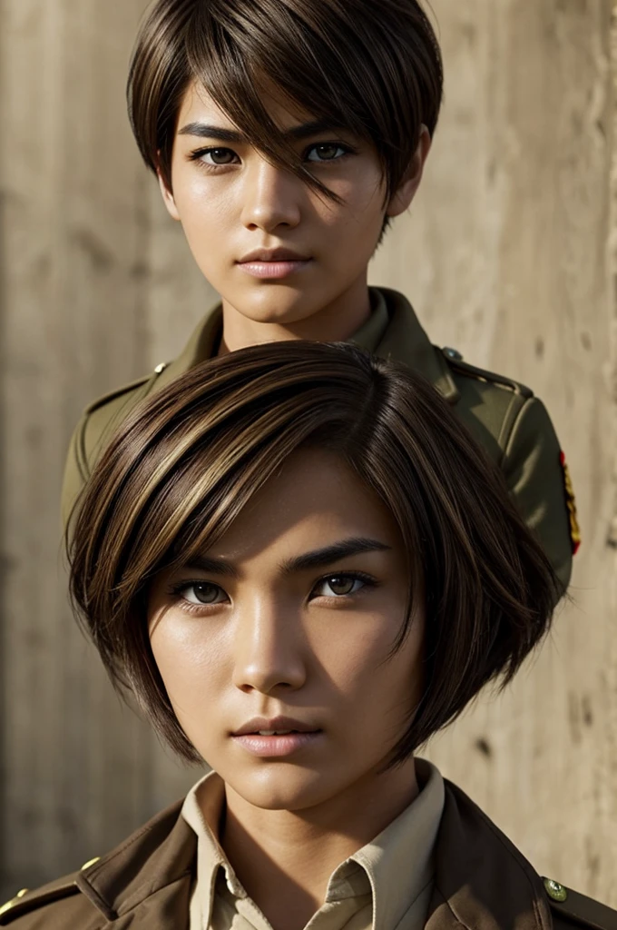 woman with a super short asian haircut,brown hair with blonde highlights,Dark brown eyes,Guera skin,He has a scar on his right eye in the Scouting Legion uniform from Attack on Titan. 