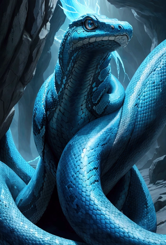 a giant snake, sky blue in color, with blue eyes, imposing but friendly appearance, detailed scales, intricate patterns, glowing ethereal energy, dramatic lighting, fantasy landscape, vibrant colors, photorealistic, 8k, highly detailed, masterpiece