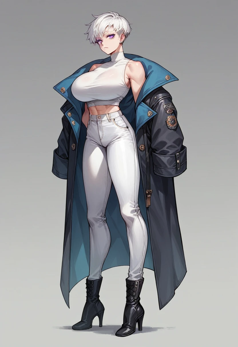 1 girl, short, pixie cut, white hair, white eyelashes, purple eyes, Japanese, very white skin, huge breast, full body, fit body, sexy, very young, white pants, turtleneck, earrings, coat over shoulders, high heel boots 