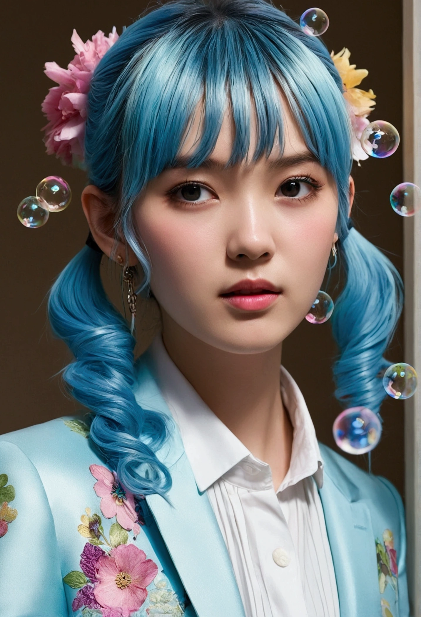 (masterpiece), (Highest quality), (Super detailed),(Disheveled Hair),(figure), (One girl), (Fashionable clothes), Are standing, Fashion Model, View your viewers, (interview), (Simple Background),Beautiful attention to detail, Delicate and beautiful face, floating,(High saturation),(Colorful splashes),Colorful Bubbles,(The Shining), Focus on the face, ponytail, kamisato ayaka, Light blue hair, bangs, Hair Ring, Floating Flowers, Floating hair, (The Shining), Best lighting, Best Shadow,