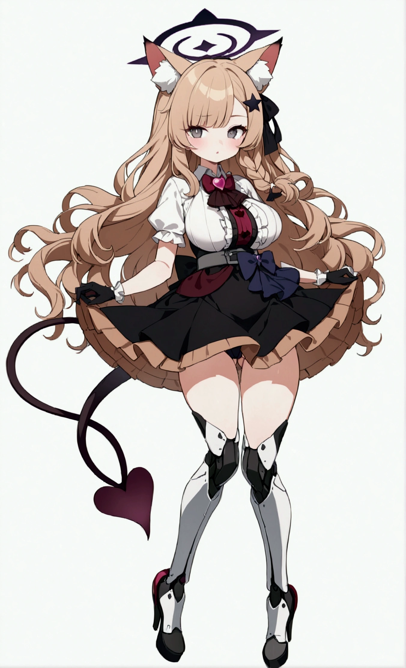 Woman 170cm tall, big chest, wide hip, charming look, (dark blonde hair), ((hip length loose wavy hair, asymmetrical bangs, a star hairpin in her hair)), (a short braid on the left and right side of the hair above the breasts), ((Gray eyes with a pink 4-pointed star in the pupil)), (two black fox ears located on the top of the head), (black halo with luminous purple on the head), ((It has a small black succubus tail that ends in the shape of a Vinotinto heart)), (((It has complex mechanical legs that reach up to the thighs., the legs are dark gray with burgundy and black parts))), (elegant thigh-length one-piece dress, small Vinotinto bowtie on the neck of the dress, white bust with vertical black lines, ruffles in the middle of the bust, ruffled skirt, short sleeves with ruffles, ribbon decorations on the dress), elegant Vinotinto gloves with white ruffles, Black platform heels, (gray belt at the waist with a large ribbon with a luminous pink heart in the middle), black necklace with a heart pendant on the neck, (((character design sheet: front view))), ((whole body)), extremely detailed beautiful hair, beautiful detailed dress, extremely detailed arms, extremely detailed face, (Extremely detailed hands), perfect hands, small face, Beautiful detailed eyes, beautiful detailed lips, adorable, extremely detailed legs, (Best Quality, 8k, high resolution), ultra detailed, Exquisite character art, ((White background)), (Focus on symmetry), (beautiful detailed succubus tail), (only one woman in the picture).