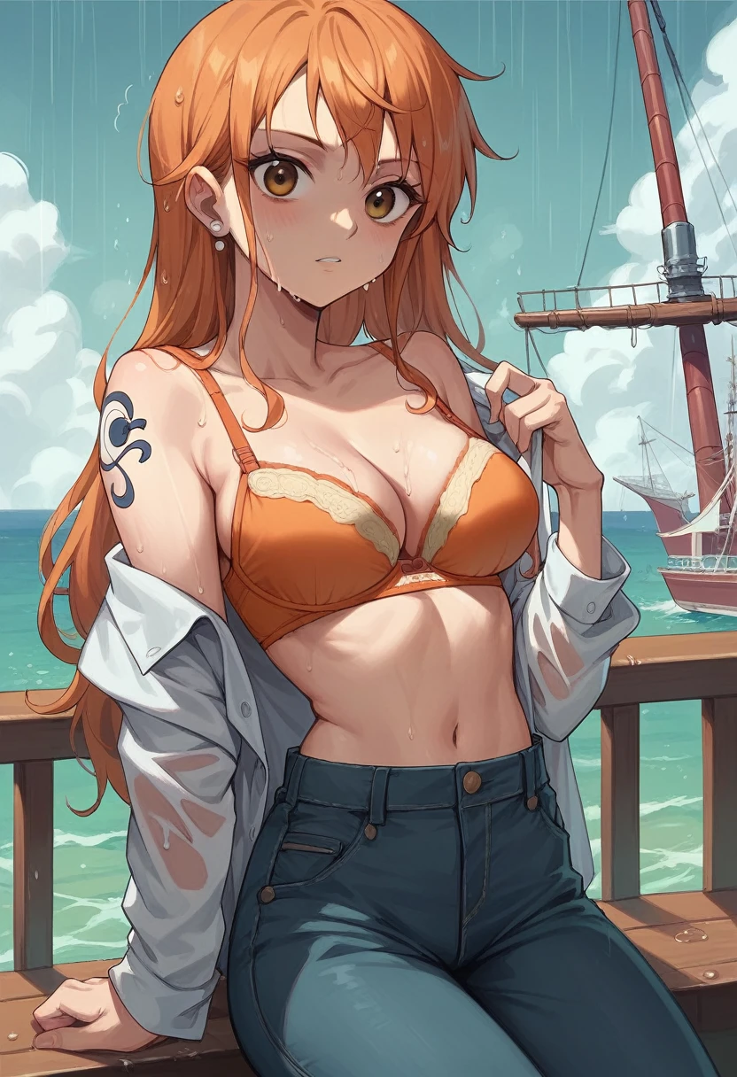 1girl, art by Eiichirio Oda, nami on a ship, rainy weather, nami is wearing an orange bra, short black denim, wet body and hair, colourful image, bra falling off her shoulder, unbottoned pant