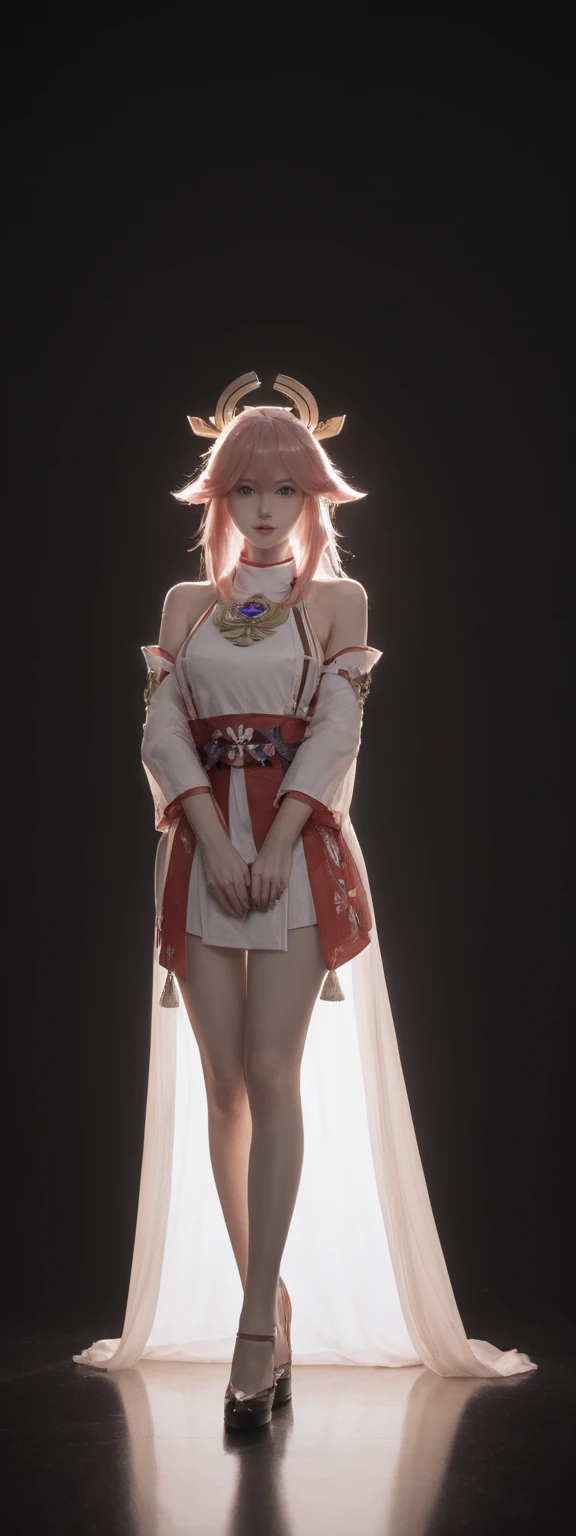 cinematic film, Realistic photograph,realistic, score_9, score_8_up, score_7_up, score_6_up,
 1girl, solo, from front, full body, Yae Miko  \(genshin impact\), black background, makeup, sidelighting, backlighting, glowing, 