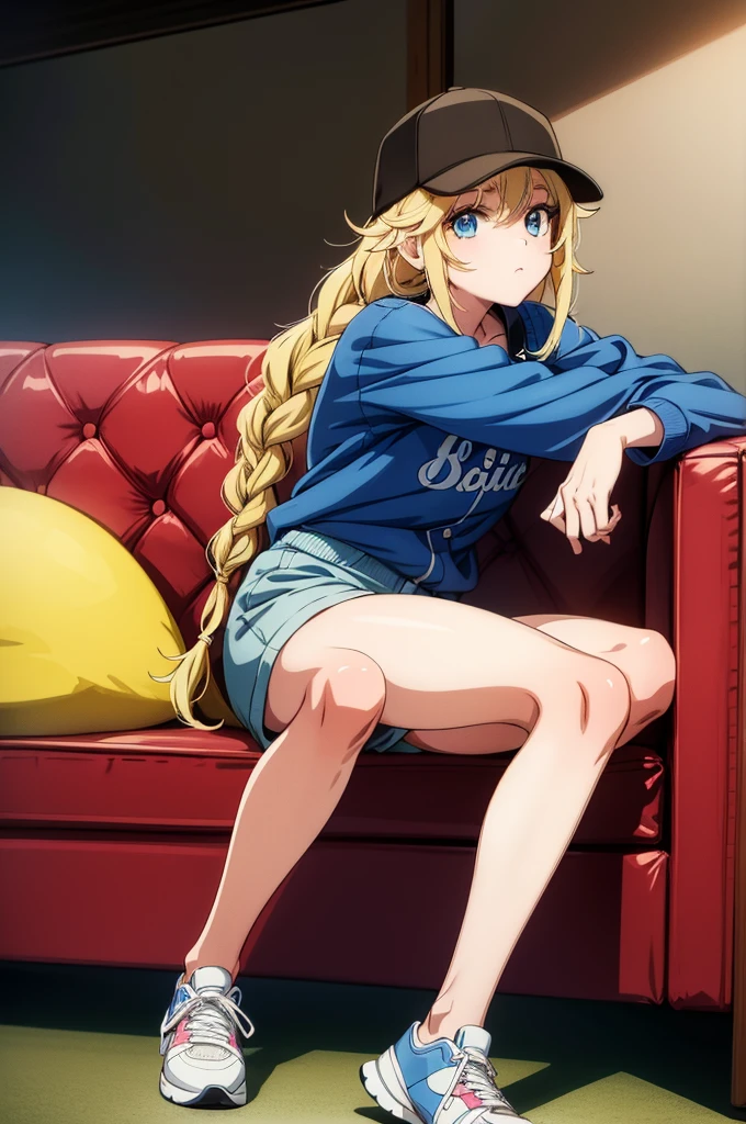 a pretty anime girl laying on a brown couch under a grey blanket, 1girl, solo, blonde hair, hat, shorts, baseball cap, blue eyes, crossed legs, shoes, long hair, sneakers, multicolored clothes, looking at viewer,Eiko Tsukimi, blue eyes, braid, twin braid,(((blonde hair))),(baseball cap)