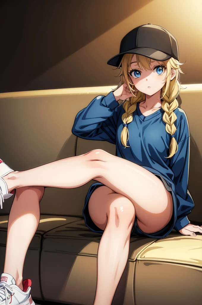 a pretty anime girl laying on a brown couch under a grey blanket, 1girl, solo, blonde hair, hat, shorts, baseball cap, blue eyes, crossed legs, shoes, long hair, sneakers, multicolored clothes, looking at viewer,Eiko Tsukimi, blue eyes, braid, twin braid,(((blonde hair))),(baseball cap)