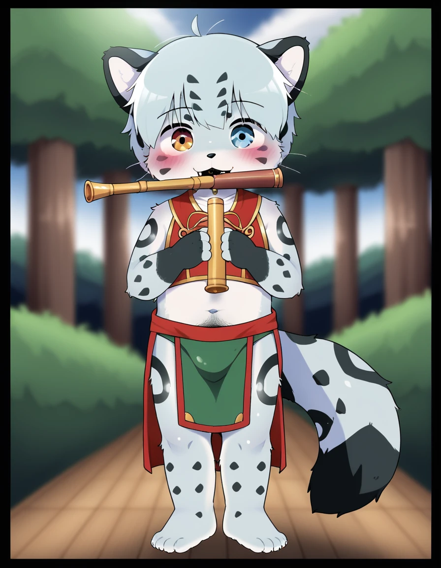 hairy,  fox, Solitary, furry , hairy, Blue and white, Flute, Tail, Lovely, short, Heterochromia, Cartoon, Flat Color, Simple shadow, Full body portrait,Forest Background, Blurred background, Cub, male,Chivalrous Costume,
