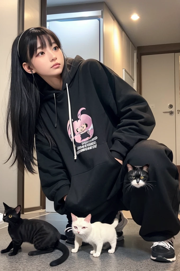 girl、I have headphones on、I have a controller、With cats、Long Black Hair、hoodie、