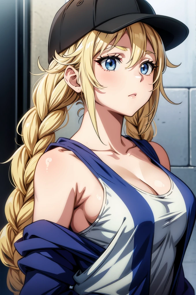 a female anime character wearing a grey cap, a white sleeveless jacket, and a light pink tank top, 1girl, solo, hat, blonde hair, blue eyes, breasts, baseball cap, black headwear, long hair, twin braids, jacket, braid, upper body, cleavage,Eiko Tsukimi, blue eyes, braid, twin braid,(((blonde hair))),(baseball cap)