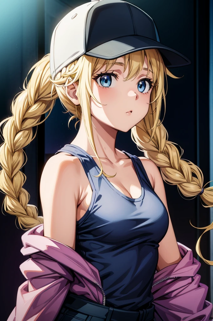 a female anime character wearing a grey cap, a white sleeveless jacket, and a light pink tank top, 1girl, solo, hat, blonde hair, blue eyes, breasts, baseball cap, black headwear, long hair, twin braids, jacket, braid, upper body, cleavage,Eiko Tsukimi, blue eyes, braid, twin braid,(((blonde hair))),(baseball cap)
