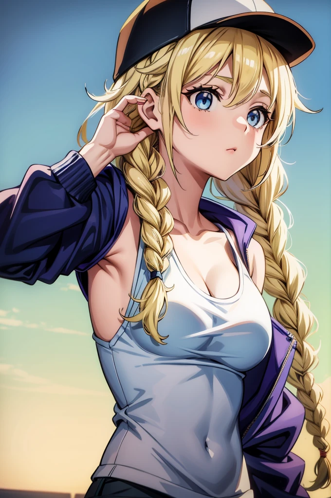 a female anime character wearing a grey cap, a white sleeveless jacket, and a light pink tank top, 1girl, solo, hat, blonde hair, blue eyes, breasts, baseball cap, black headwear, long hair, twin braids, jacket, braid, upper body, cleavage,Eiko Tsukimi, blue eyes, braid, twin braid,(((blonde hair))),(baseball cap)