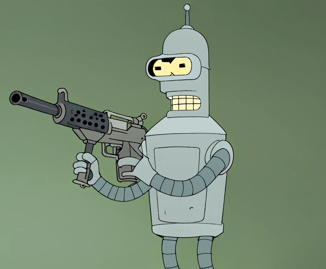 Bender holding Uzi Machinegun 