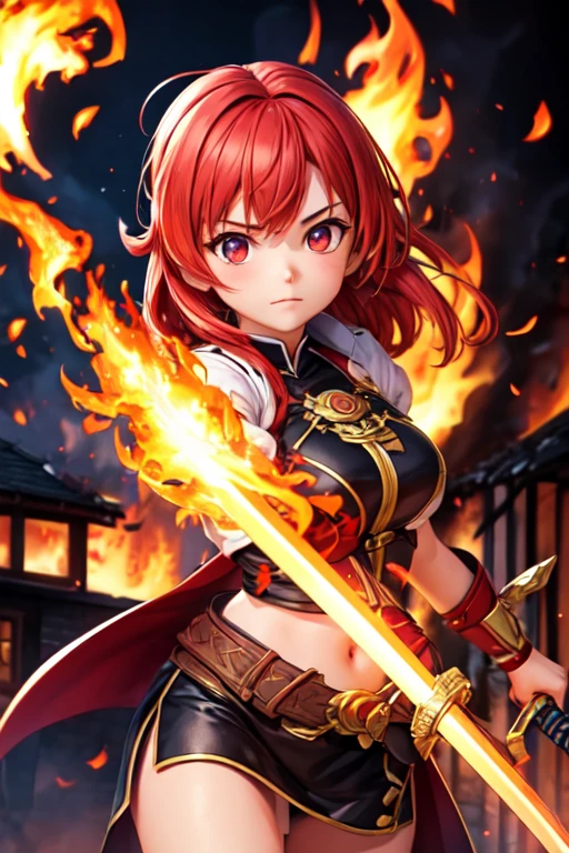 1 girl, Red hair, flaming eye, Sword, holding Sword, Flames, burning houses, glowing, side light, backdrop