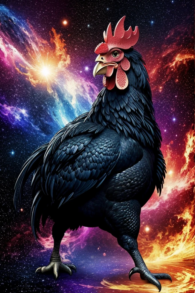 Generates an image of a shamo rooster ready to fight on a galaxy background