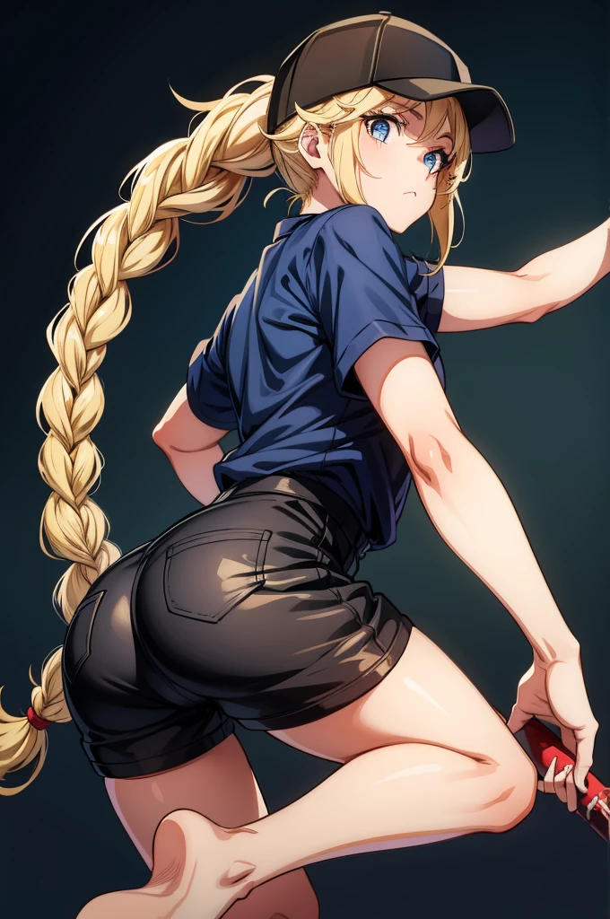 a girl in black shorts holds a large baseball bat in all fours, 1girl, shorts, solo, hat, ass, blue eyes, twin braids, blonde hair, microphone, braid, shirt, baseball cap, long hair, black shorts, white shirt, black headwear, looking back,,Eiko Tsukimi, blue eyes, braid, twin braid,(((blonde hair))),(baseball cap)