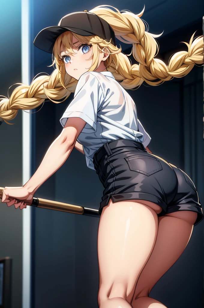 a girl in black shorts holds a large baseball bat in all fours, 1girl, shorts, solo, hat, ass, blue eyes, twin braids, blonde hair, microphone, braid, shirt, baseball cap, long hair, black shorts, white shirt, black headwear, looking back,,Eiko Tsukimi, blue eyes, braid, twin braid,(((blonde hair))),(baseball cap)