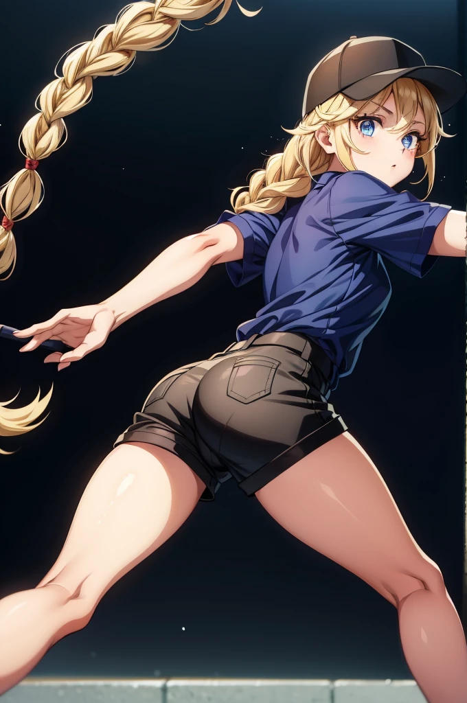 a girl in black shorts holds a large baseball bat in all fours, 1girl, shorts, solo, hat, ass, blue eyes, twin braids, blonde hair, microphone, braid, shirt, baseball cap, long hair, black shorts, white shirt, black headwear, looking back,,Eiko Tsukimi, blue eyes, braid, twin braid,(((blonde hair))),(baseball cap)