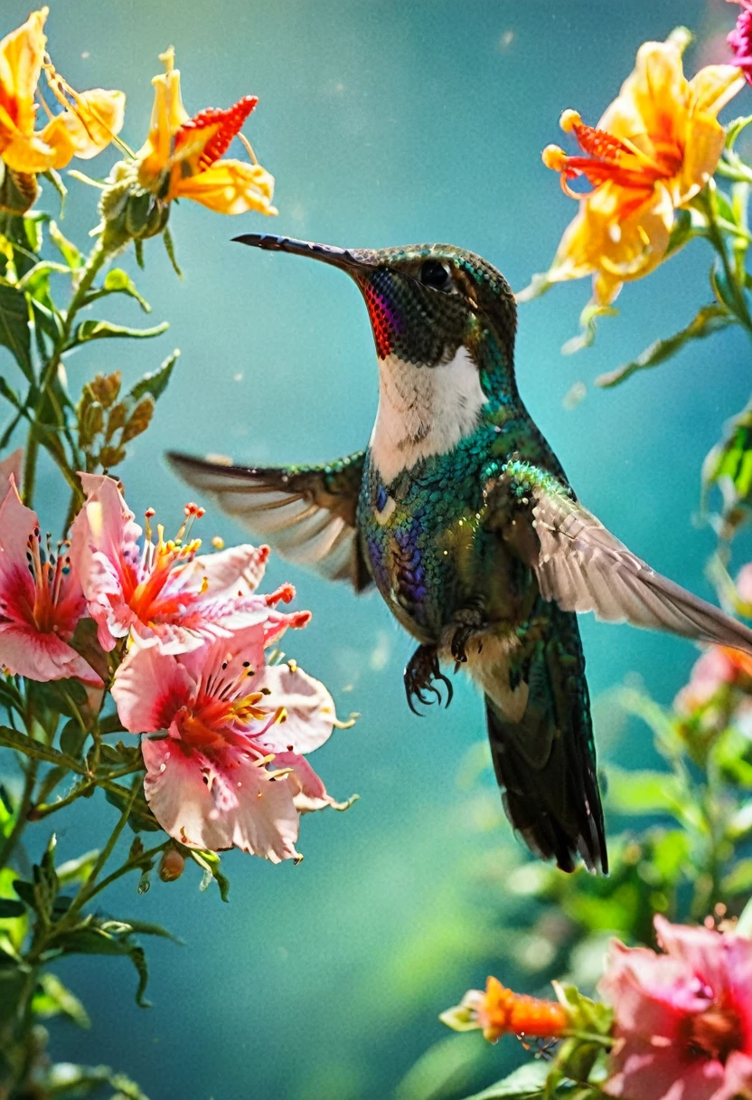 a beautiful flower being kissed by a hummingbird, highly detailed, 8k, photorealistic, intricate details, vibrant colors, natural lighting, shallow depth of field, cinematic composition, elegant, graceful, mesmerizing, dreamlike