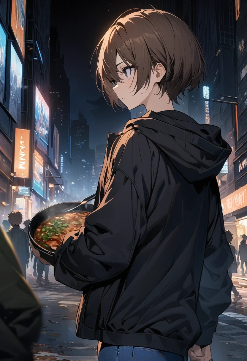 (BEST QUALITY), (MASTERPIECE), illustration, Extremely_detail, 4k wallpaper , midnight, man,black hoodie parka, blue jeans, 18 years old , brown Hair, short hair, black eyes, holding a pan, black pan, smart, Background of the city, Zombies are walking in the city